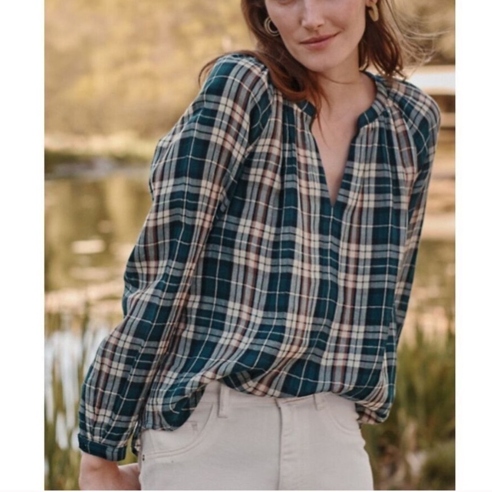 NWT Garnet Hill Plaid Organic Cotton V-Neck Popover Blouse  XL